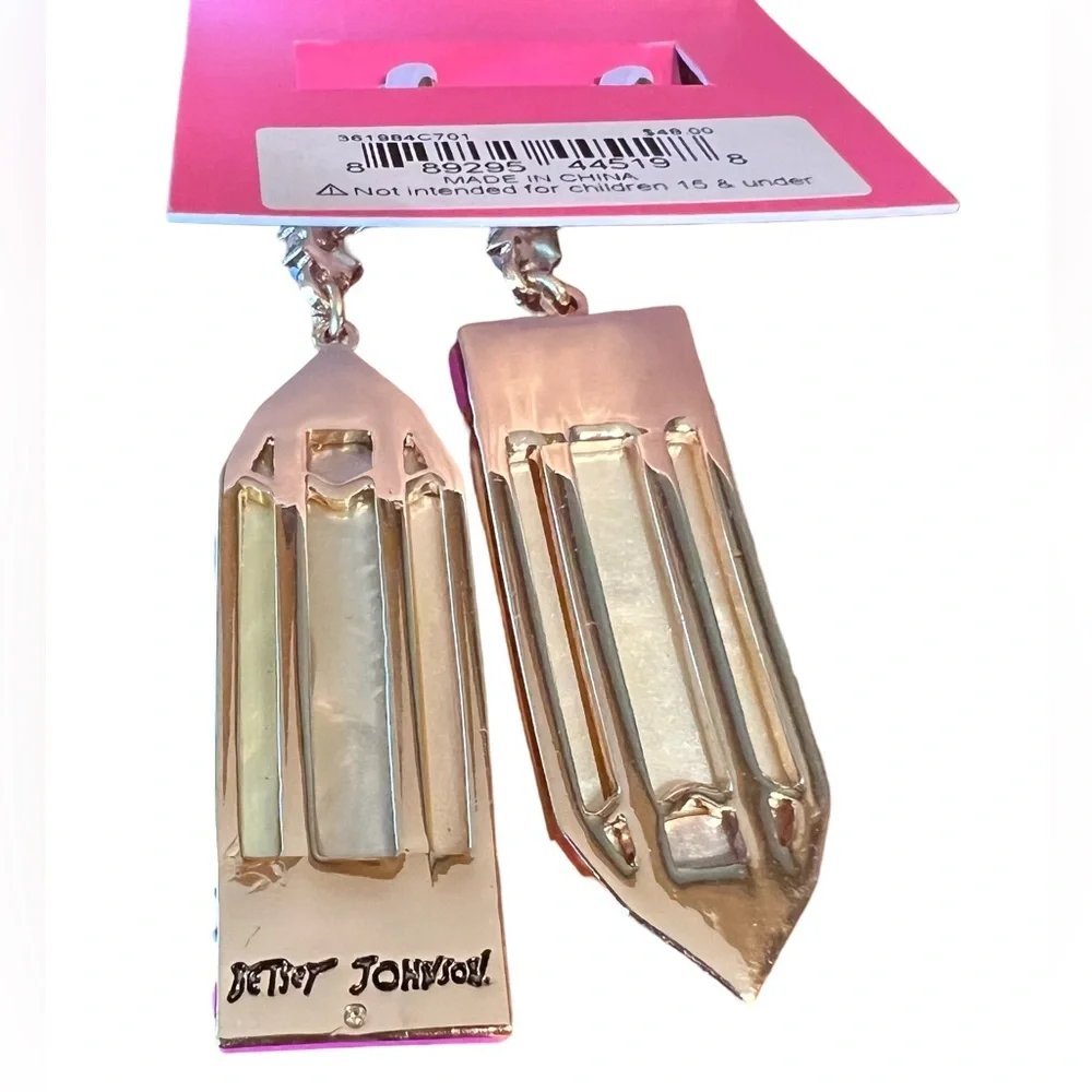 Betsey Johnson NWT Back to School Yellow Pink Gold Tone Drop Earrings (J023) - Picture 2 of 5